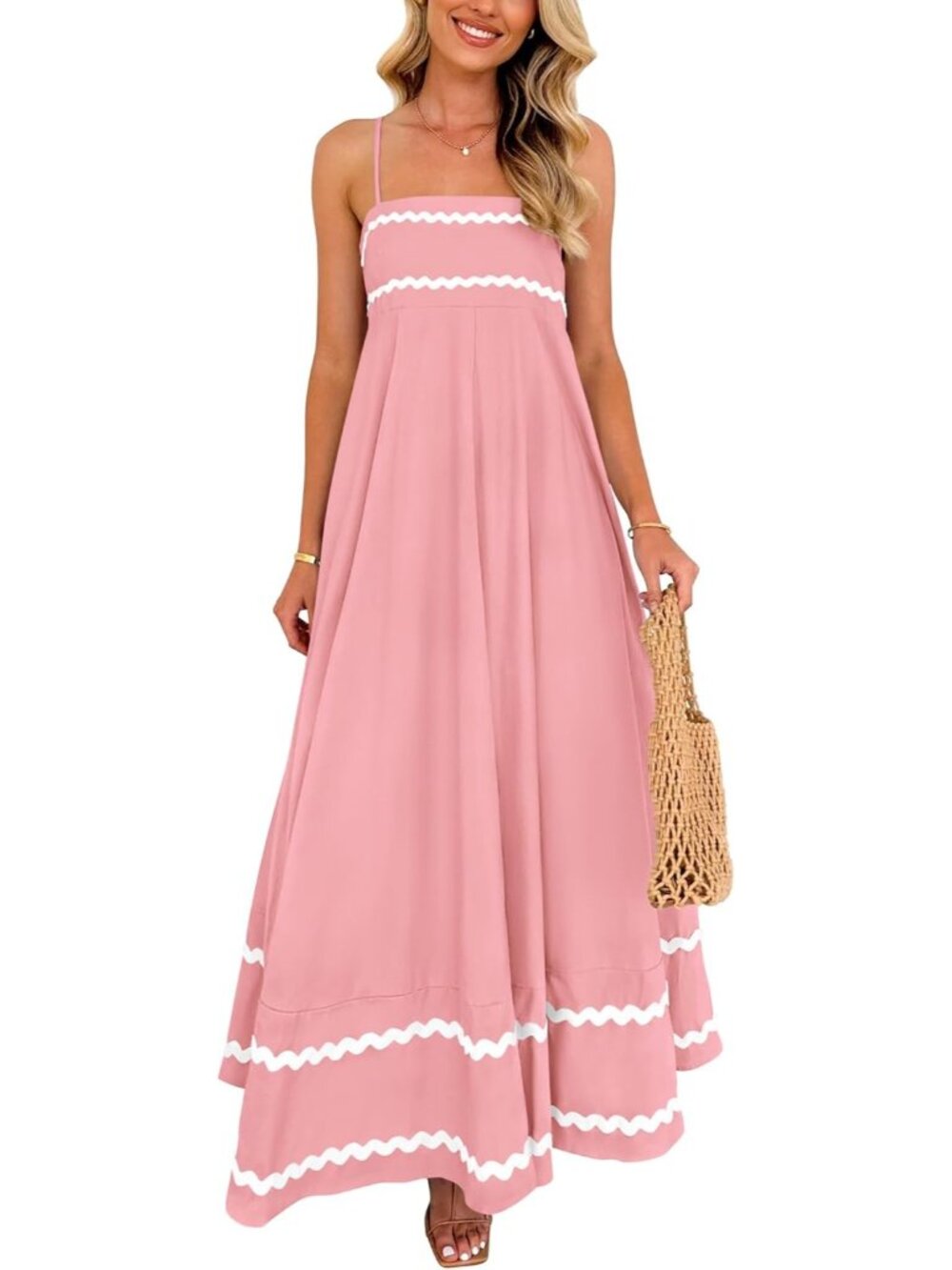 Women's Pink Summer Flowy Maxi Dress Casual Sleeveless Spaghetti Strap Dress